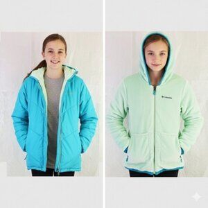 Columbia Youth Sz L Soft Fuzzy Warm REVERSIBLE Jacket Blue and Mint Green Hoodie